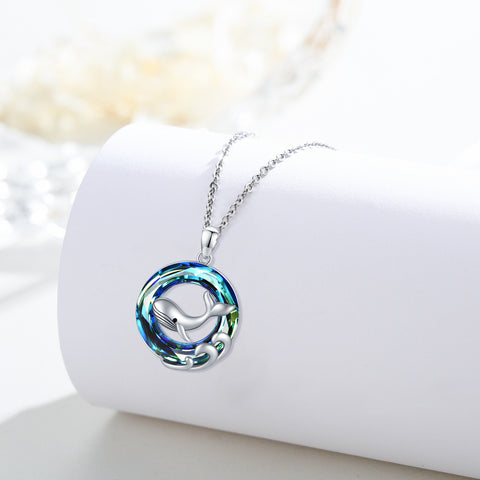 Whale Necklace for Women925 Sterling Silver Round Circle Crystal Cute Animal Whale Wave Pendant Necklaces Ocean Jewelry Gift for Women Girl