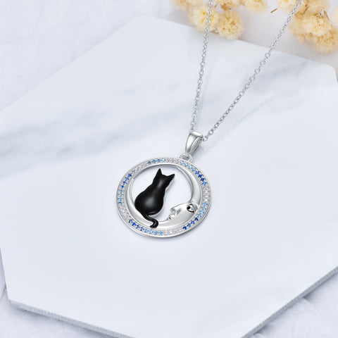 Cat Necklace 925 Sterling Silver Black Cat Pendant Jewelry Gifts for Teen Girls Women
