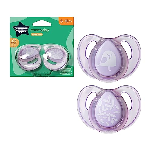 Tommee Tippee Every Day Essential Natural Latex Dummies, Round Cherry Shaped Teat, 6-18m, Symmetrical Design, BPA-Free, Pack of 2, Colours Vary