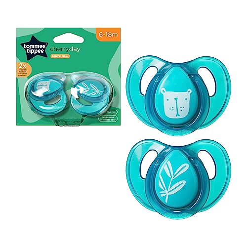 Tommee Tippee Every Day Essential Natural Latex Dummies, Round Cherry Shaped Teat, 6-18m, Symmetrical Design, BPA-Free, Pack of 2, Colours Vary