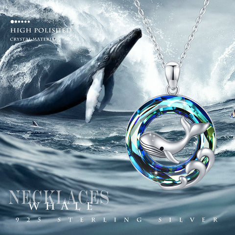 Whale Necklace for Women925 Sterling Silver Round Circle Crystal Cute Animal Whale Wave Pendant Necklaces Ocean Jewelry Gift for Women Girl