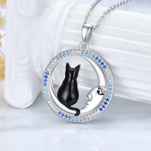 Cat Necklace 925 Sterling Silver Black Cat Pendant Jewelry Gifts for Teen Girls Women