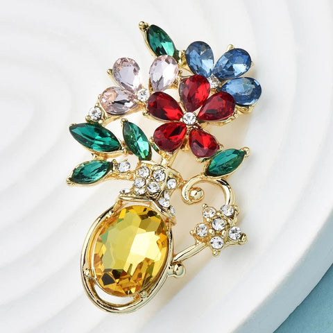 Colorful Flowers Diamond-encrusted Vase Potted Modeling Brooch Accessories