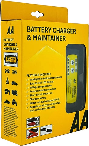 AA AA4956 Car Battery Charger Maintainer UK Plug Fully Automatic with Crocodile Clamps Eyelet Connectors as Used by AA Patrols,Black/Yellow,1.5 Amp 6 V/12 V - FoxMart™️ - AA Car Essentials