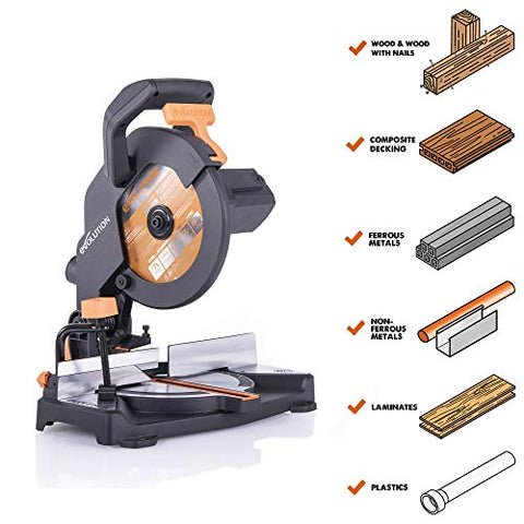 Evolution Power Tools 046-0001A R210CMS Compound Saw with Multi-Material Cutting, Bevel, 45 Degree Mitre, 3-Year Warranty, 1200 W, 230 V-Domestic, Black - FoxMart™️ - Evolution Power Tools