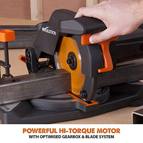 Evolution Power Tools 046-0001A R210CMS Compound Saw with Multi-Material Cutting, Bevel, 45 Degree Mitre, 3-Year Warranty, 1200 W, 230 V-Domestic, Black - FoxMart™️ - Evolution Power Tools