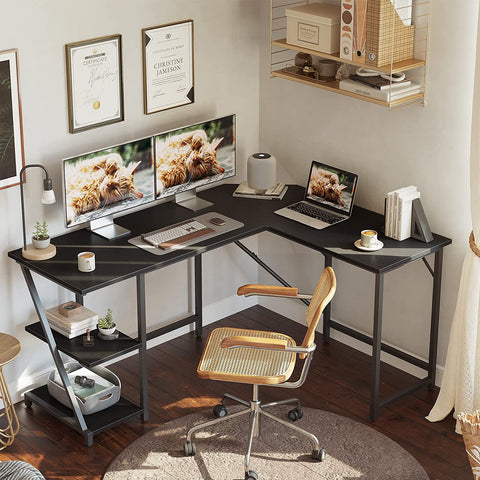 L Shaped Computer Desk, 150 Cm Industrial Office Desk with Storage Shelves, White Wood and Metal Corner Desk for Home Office, Black - FoxMart™️ - CubiCubi