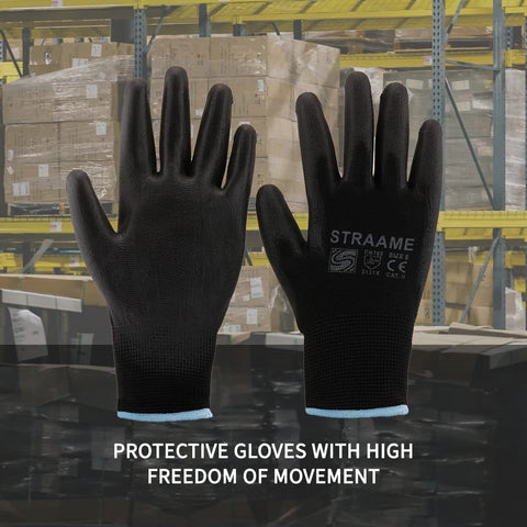 Pack of 12 or 24 Black Safety Work Gloves, Outdoors PU and Nylon Non-Slip Work Handling Gloves, Good Dexterity Firm Grip Protective Working Gloves - FoxMart™️ - Straame