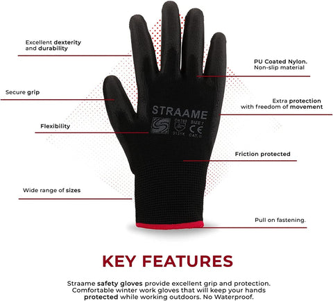 Pack of 12 or 24 Black Safety Work Gloves, Outdoors PU and Nylon Non-Slip Work Handling Gloves, Good Dexterity Firm Grip Protective Working Gloves - FoxMart™️ - Straame