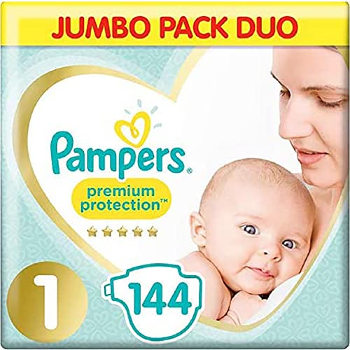 Pampers Baby Nappies Size 1 (2-5 kg / 4-11 lbs) Premium Protection, (New Baby), 144 Nappies, JUMBO PACK DUO, Baby Essentials For Newborn - FoxMart™️ - Pampers