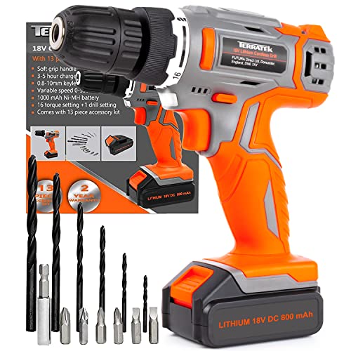 Terratek 13Pc Cordless Drill Driver 18V/20V-Max Lithium-Ion, Electric Screwdriver, Accessory Kit, LED Work Light, Quick Change Battery & Charger Included (18V Cordless Drill & 13pc Kit) - FoxMart™️ - Terratek