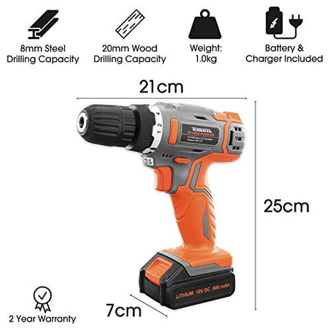 Terratek 13Pc Cordless Drill Driver 18V/20V-Max Lithium-Ion, Electric Screwdriver, Accessory Kit, LED Work Light, Quick Change Battery & Charger Included (18V Cordless Drill & 13pc Kit) - FoxMart™️ - Terratek