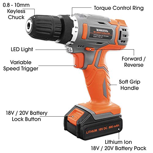 Terratek 13Pc Cordless Drill Driver 18V/20V-Max Lithium-Ion, Electric Screwdriver, Accessory Kit, LED Work Light, Quick Change Battery & Charger Included (18V Cordless Drill & 13pc Kit) - FoxMart™️ - Terratek