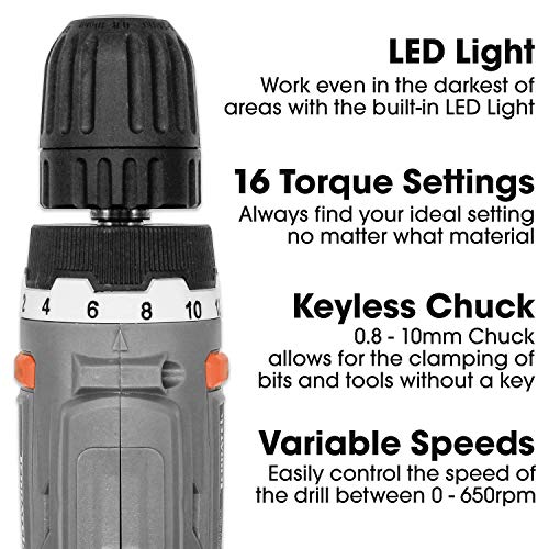 Terratek 13Pc Cordless Drill Driver 18V/20V-Max Lithium-Ion, Electric Screwdriver, Accessory Kit, LED Work Light, Quick Change Battery & Charger Included (18V Cordless Drill & 13pc Kit) - FoxMart™️ - Terratek