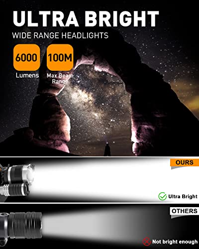 Victoper Wesho Rechargeable Headlight with 3 Lights 4 Modes, 6000 Lumen Super Bright LED Lamp, Hands-Free Flashlight Head Torch for Running, Camping, Fishing, Cycling, Hiking, Waterproof - FoxMart™️ - Victoper